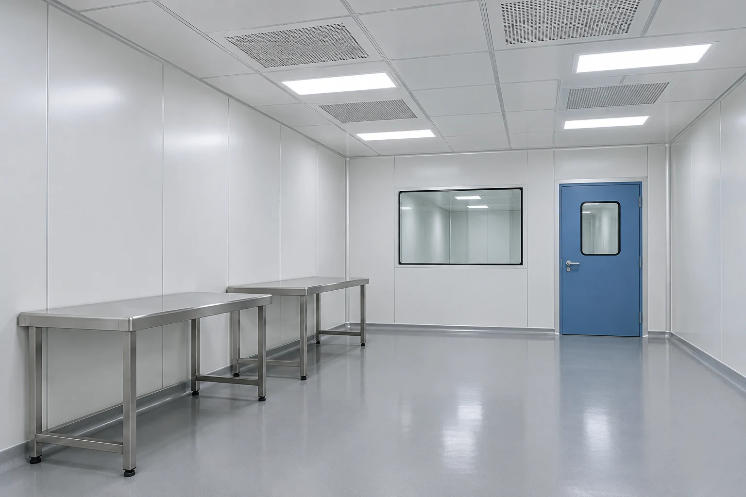 Cleanroom interior with filtered ceiling air supply and stainless steel worktables